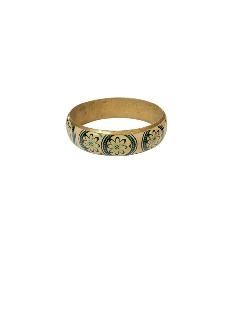 Vintage Brass Bangle Bracelet With Green Floral Design 2.62